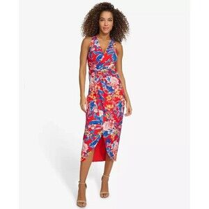 Siena Women's Floral Side-Ruched Sleeveless Summer Midi Dress Red Multi 10